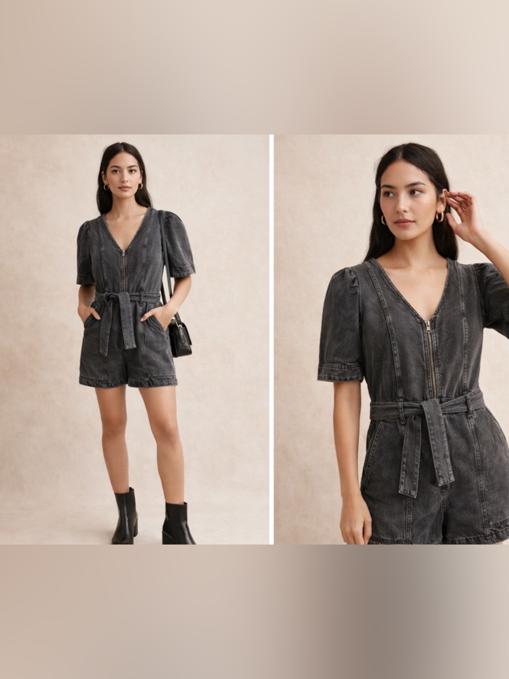 & Other Stories Black Denim Romper | Belted Zip Front | Puff Sleeve | EUR 38